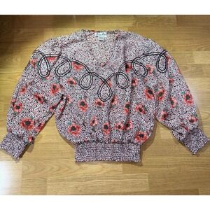 VTG M Pink Red Floral Regal Blouse Med Long Sleeve Smocked V Neck Western